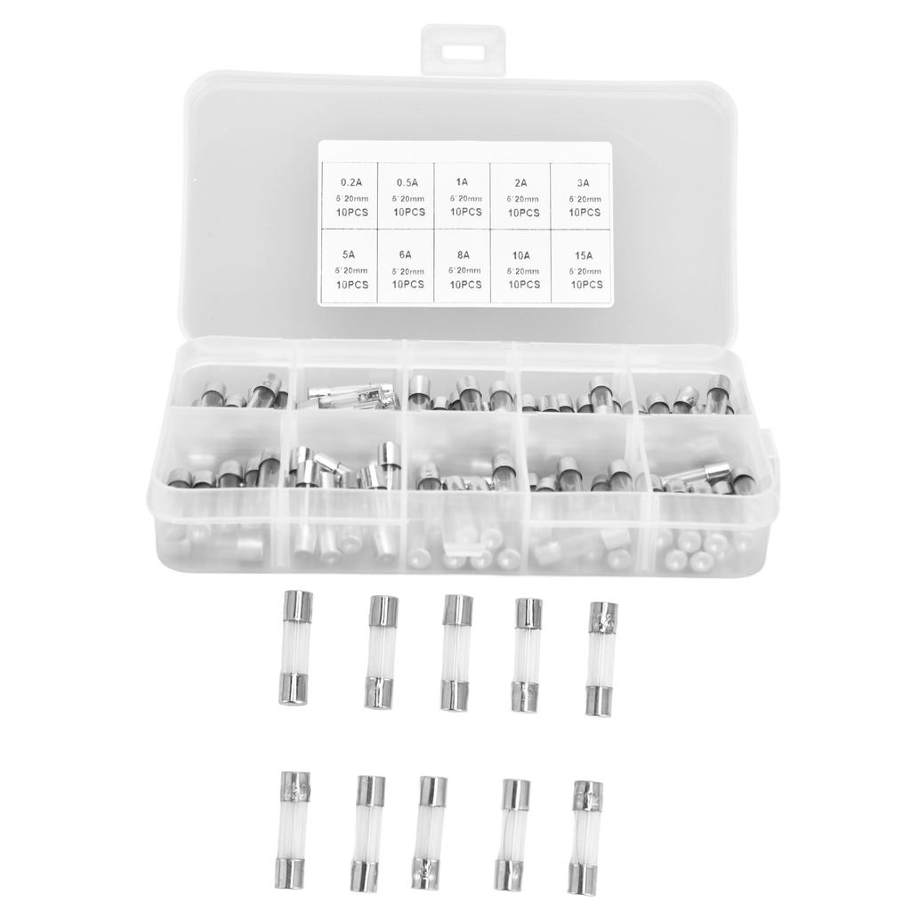 100 Stück Sicherung Schnellschmelzend Glas 0,2A 0,5A 1A 2A 3A 5A 8A 10A 15A 20A Set Kit zum Schutz