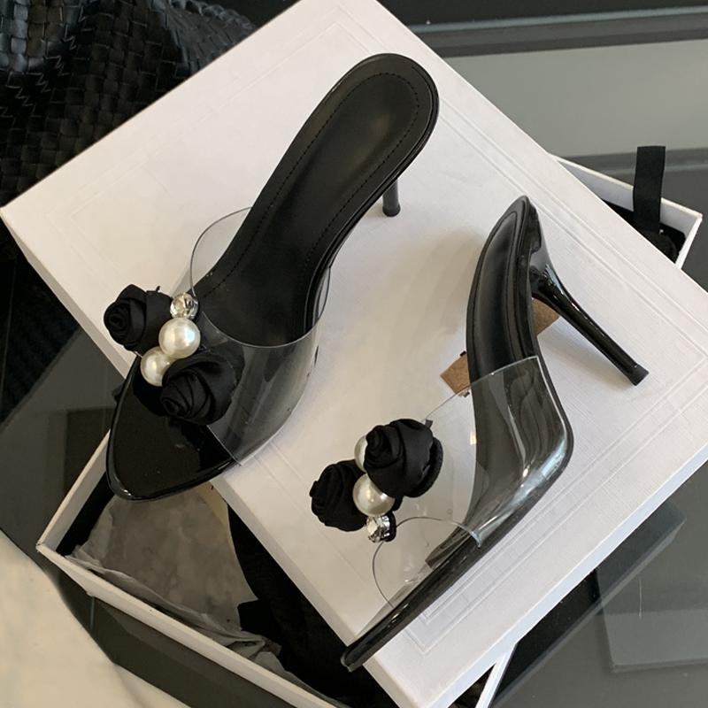 Fashion Liyke Summer Fashion Pearl Flower Designer High Heels Slippers For Woman Open Toe Party Dress Shoes PVC Transparent Sandal Women
