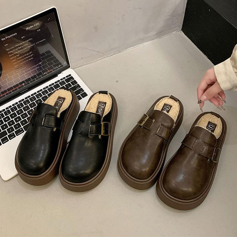 One-pedal Muller shoes velvet cotton drag lazy small leather shoes 2025 autumn and winter new thick-soled bag head half slippers women's models