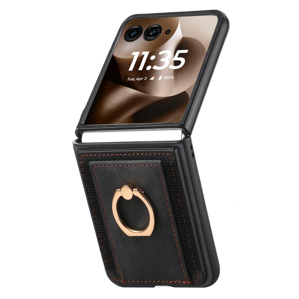 For Motorola Razr 60 Ultra 5G Case Card Holder Retro Leather + PC Phone Cover with Ring Kickstand