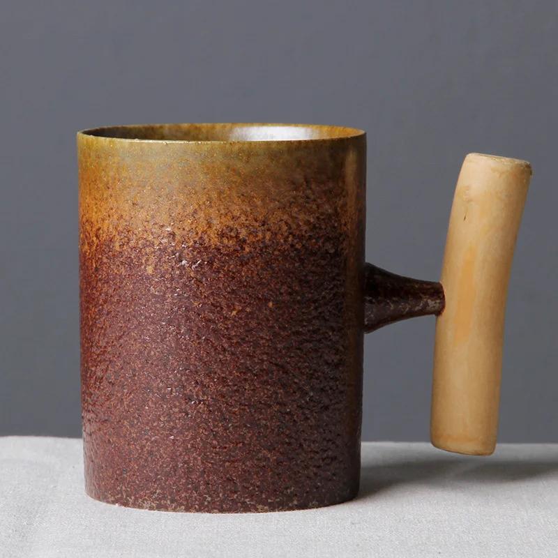 Japanese-style Retro Vintage Ceramic Manual Coffee Mug With Wooden Handle Tumbler Rust Glaze Tea Milk Beer Cup Home Drinkware