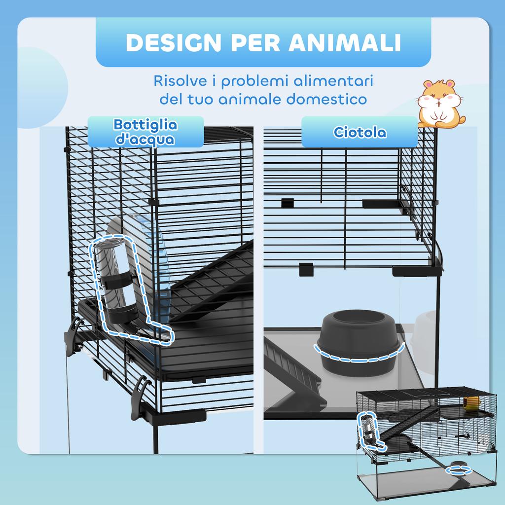 3-Tier Hamster Cage with Tempered Glass Base, Wheel and Accessories, 76.5x48.5x54.5 cm, Black
