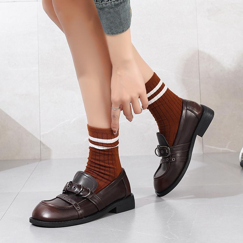 Women Round Toe Chunky Heel Retro Style College British Leather Shoes Easy To Wear Flat Footwear Adults Female Loafers