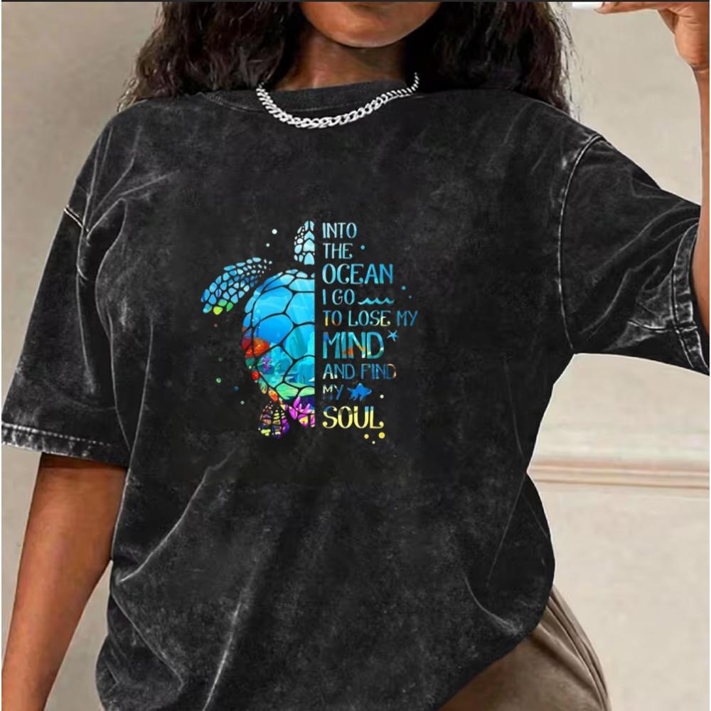 Washed Cotton Ocean Turtle Print T-Shirt Turtle Graphic Tee Casual Loose Short Sleeve for Beach S