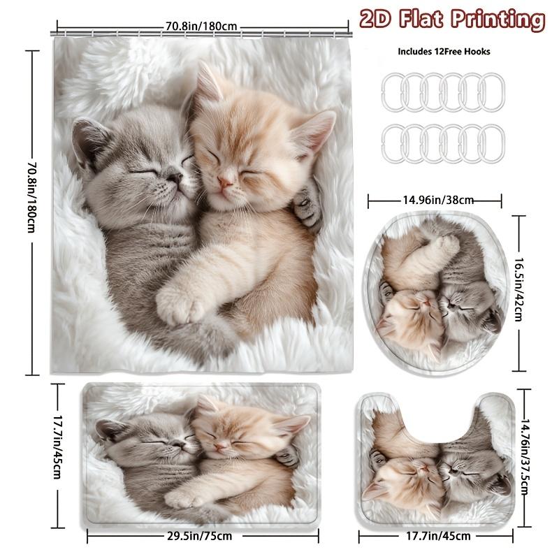 4Pcs Cuddly Kittens Shower Curtain Set with Non-Slip Bath Mat, Toilet Lid Cover, Contour Rug & 12 Hooks, Bathroom Decor