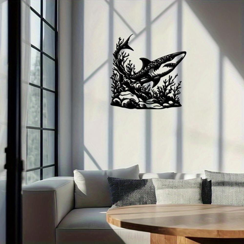 Metal Wall Art Great White Shark Ocean Plants Black Swimming Pose Gift Easter Black Friday Housewarming Bedroom Decor