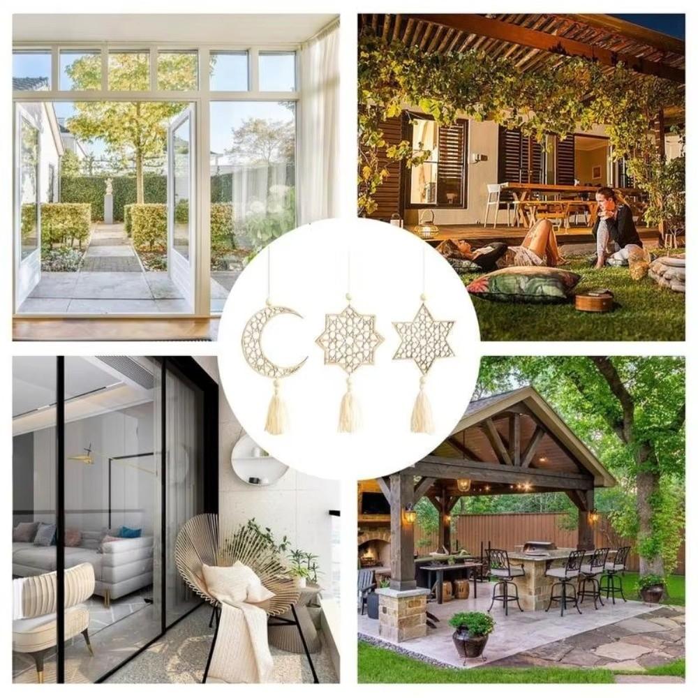 Handmade Moon Star Hollow Mesh Wall Decor with Tassels Eid Mubarak Muslim Decor  Wall Display