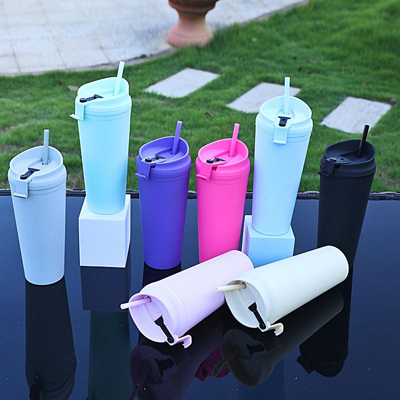24oz Colorful Double Layer Plastic Fitness Mug Large Capacity Straw Outdoor Mug Gift Cup with Lid ,wholesale Custom