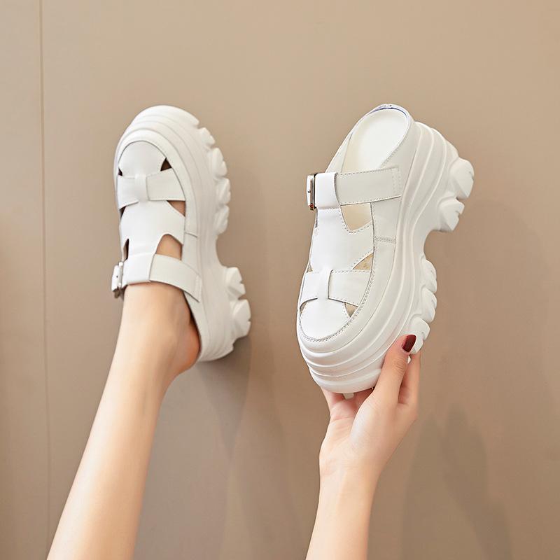 Fashion 9CM Hollow Genuine Leather Women Slippers Platform Shoes Wedge Sandals White Sneakers Women Slip On Slides Mules Summer