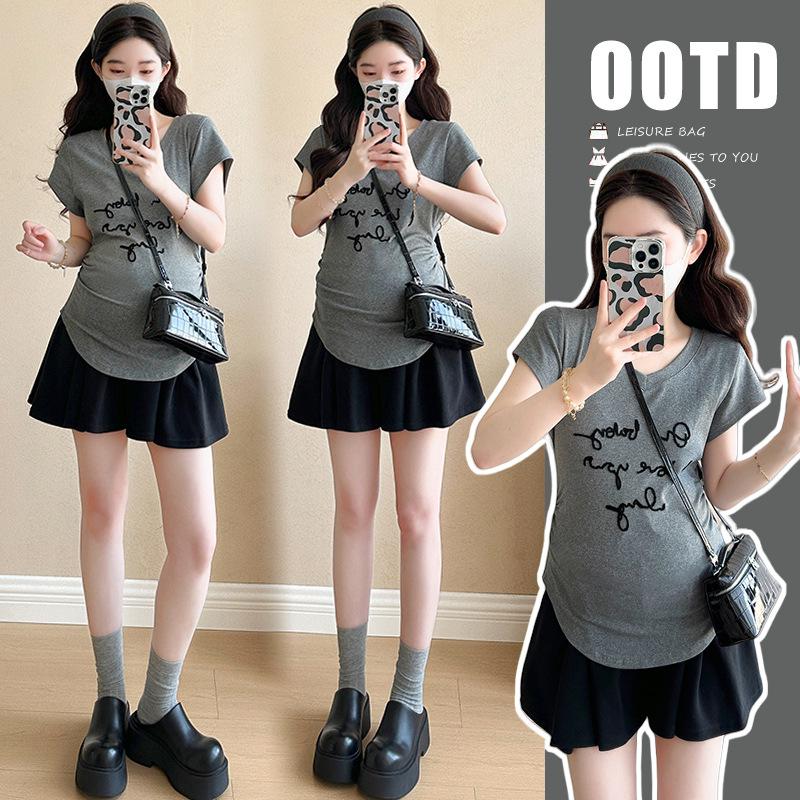 2026 Summer Maternity V-neck Embroidered T-shirt & Wide-leg Shorts Set L