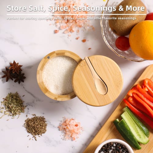 EDENMS Bamboo Salt Box with Spoon, Salt Cellar, Salt Keeper, Spice Storage Box, Seasoning Pot, Sugar Bowl with Swivel Magnetic Lid, Kitchen Spice Cell