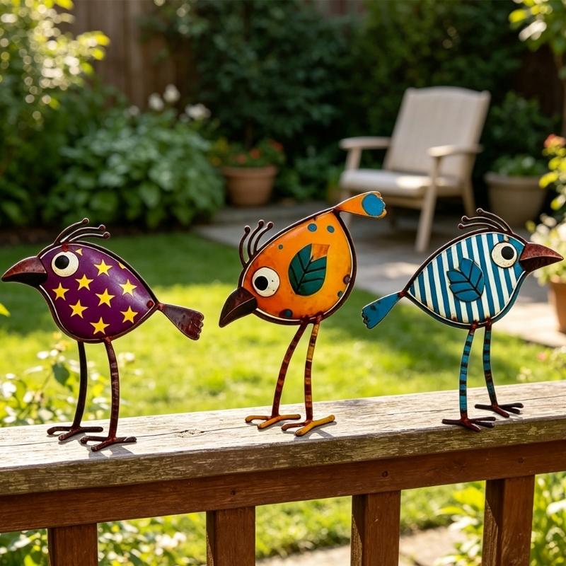 Garden Cartoon Bird Wall Art Decors Set of 3 Colorful Acrylic Hanging Art Piece Plaque for Fence or Wall Decorative Ornaments