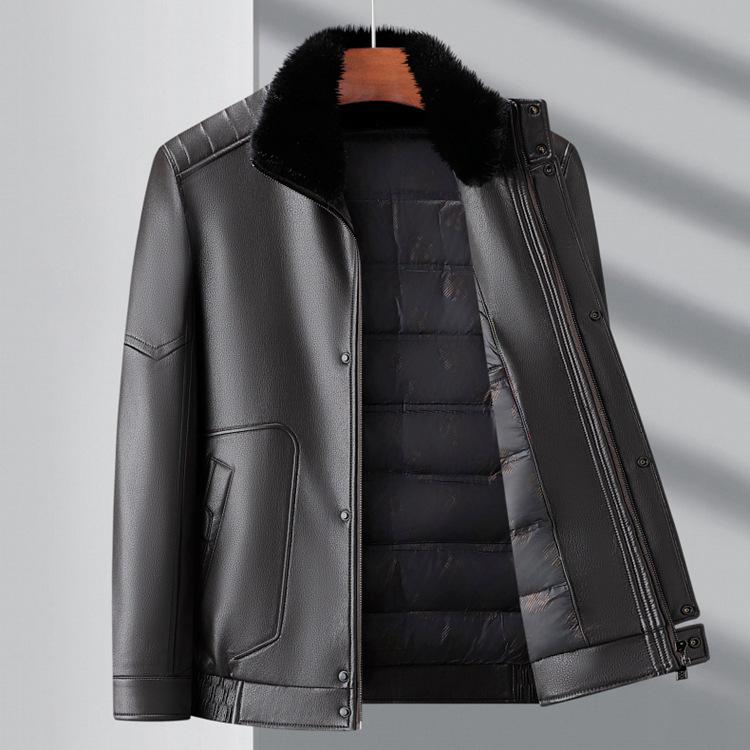 Luxury Men's Winter Leather Jacket with Down Liner - Middle-Aged Business Casual Warm Fur