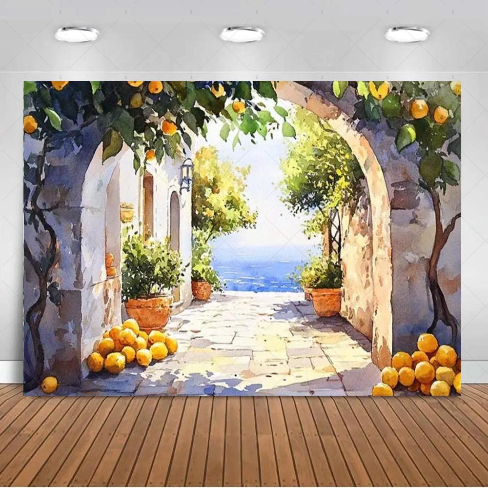 Seaside Town Lemon Tree Background Banner Open Window Landscape Backdrop Supplies Photography Prop Birthday Party Decorations