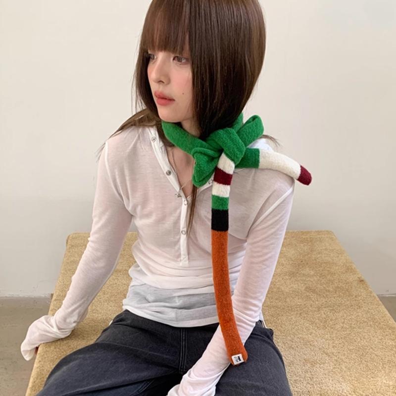 Gestreifter Farbpassender Retro Gestrickter Wollschal Schmaler Langer Schal für Damen Frühling