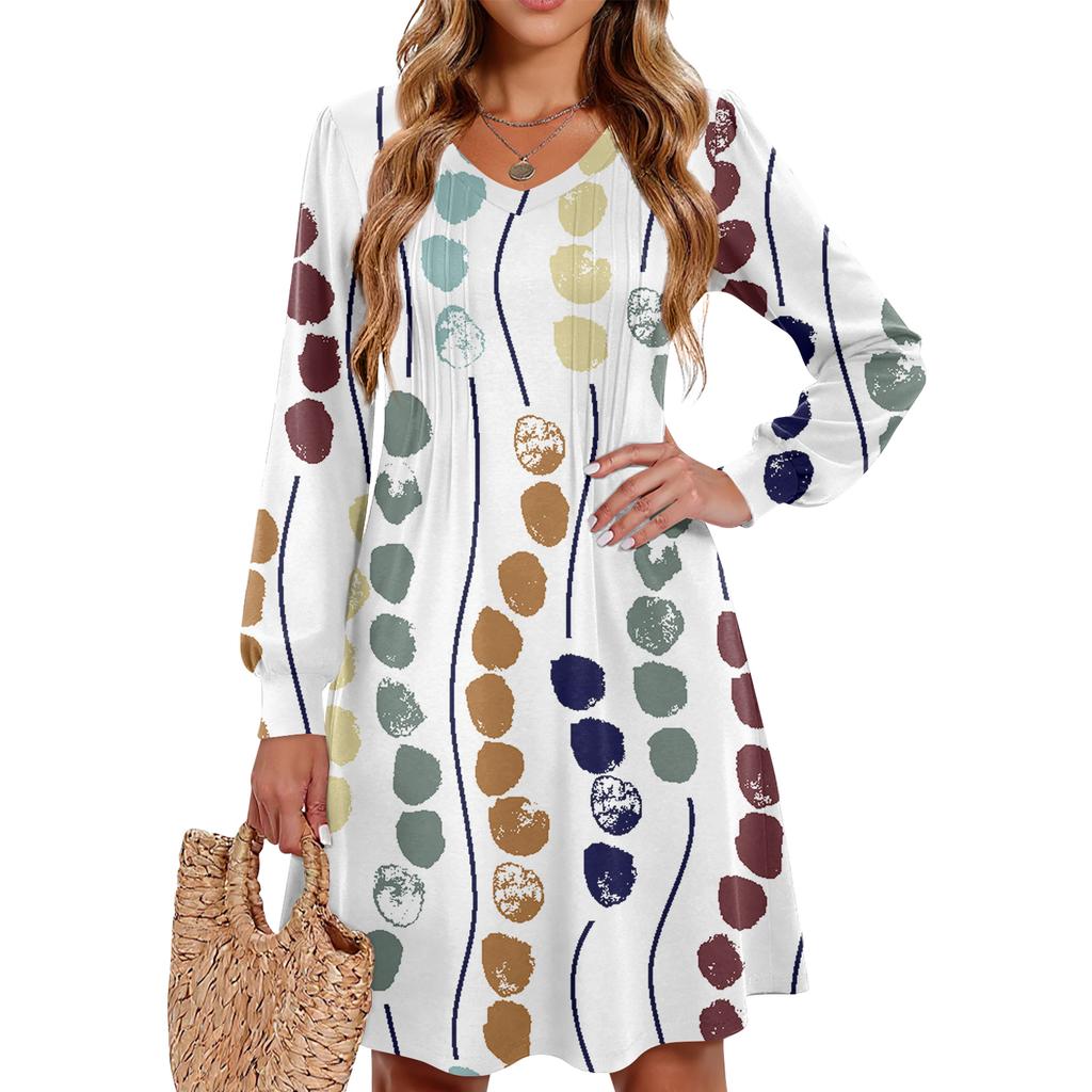 Ladies' Printed Casual And Fashionable V-neck Long Sleeved Mid Length Dress