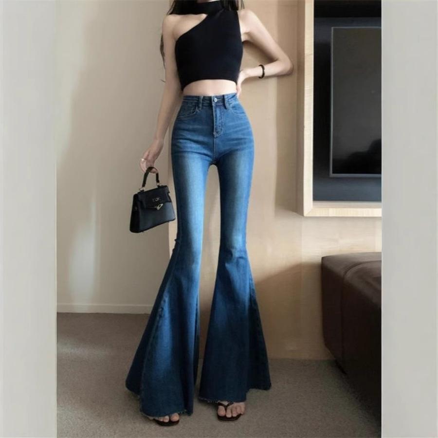 Estilo Vaqueros de Pierna Ancha para Mujer Primavera/Verano Tendencia Cintura Alta Corte Ajustado Desgastados Pierna Ancha Pantalones de Largo Hasta el Suelo