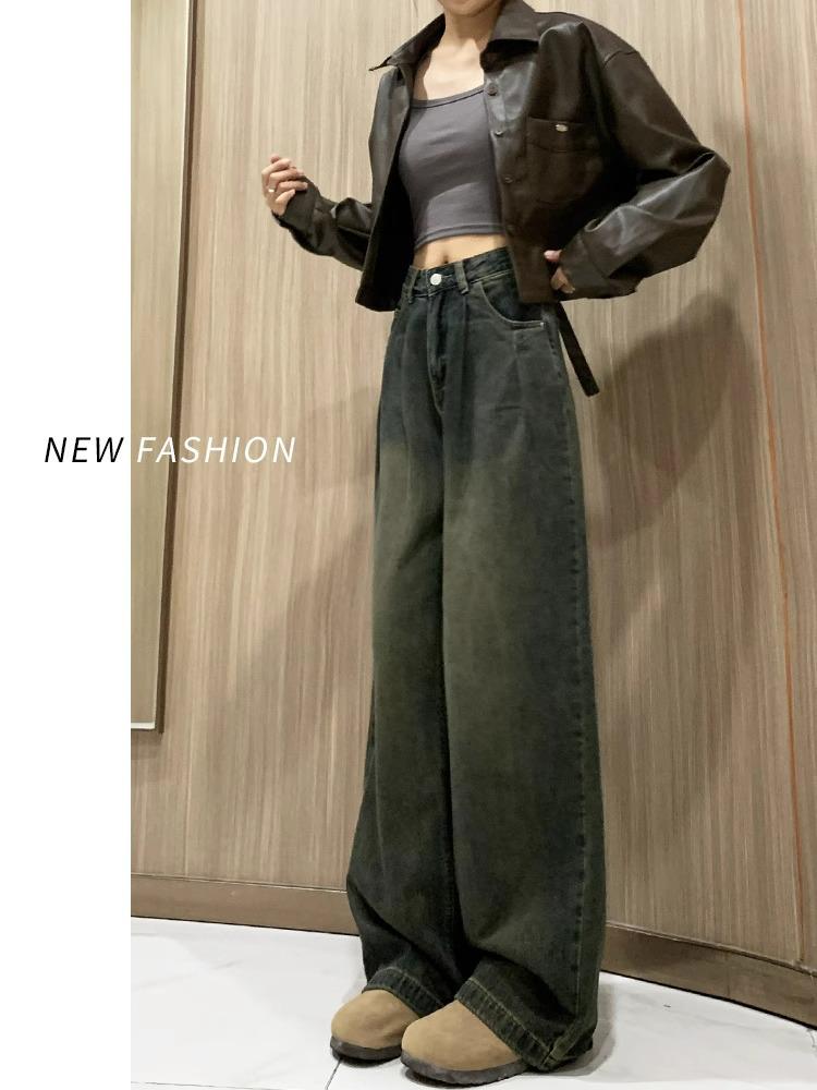 Plus Size Women's Wide Leg Jeans - New Autumn/Winter High Waist Loose Fit with Velvet Lining for Slimming Comfort.