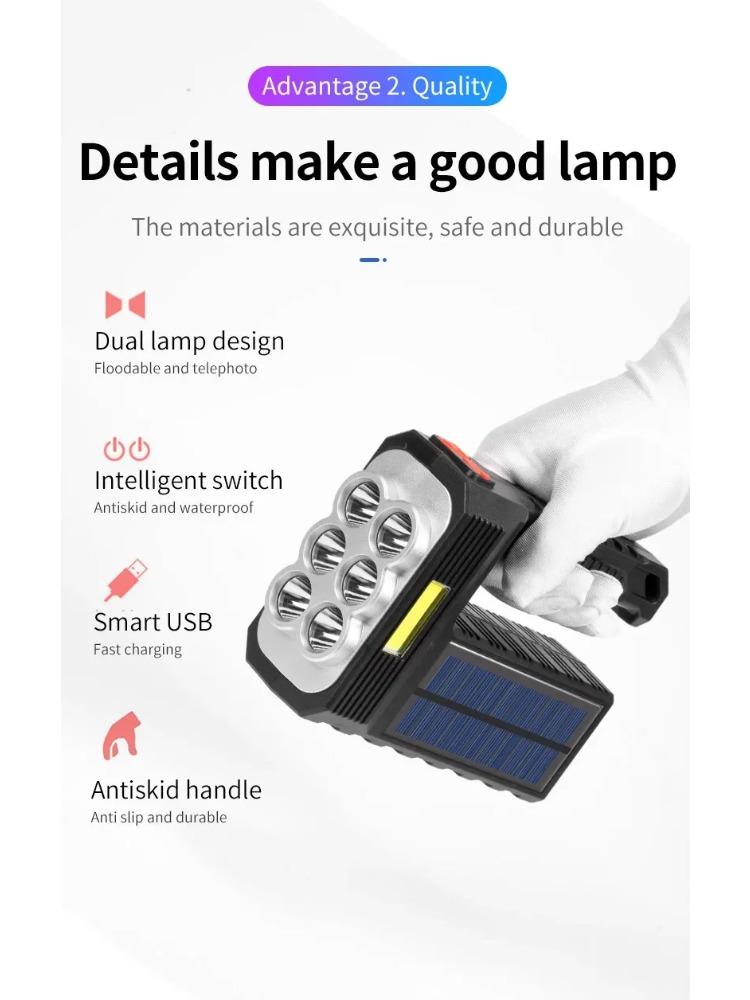 Outdoor Camping Searchlight 8LED Bulbs Solar Charging Handheld Flashlight USB Charge Portable Lamp 4 Bright Lighting Modes