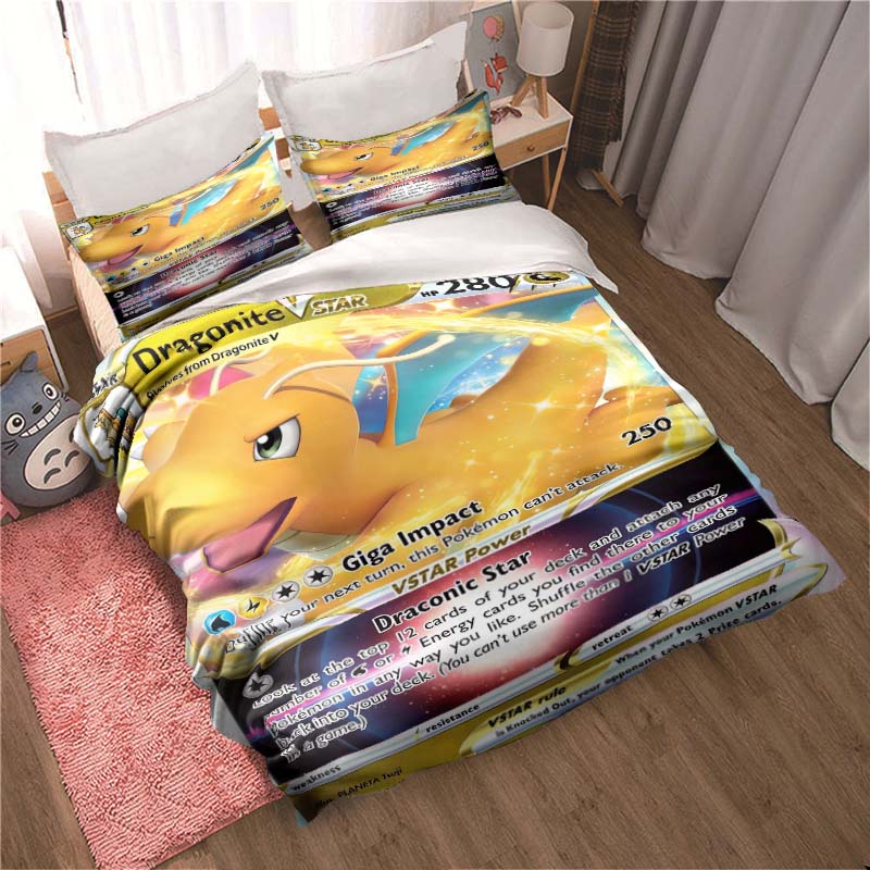 Bedding sets featuring various Pokémon card designs and sizes—including soft duvet covers and pillowcases—suitable for teenagers