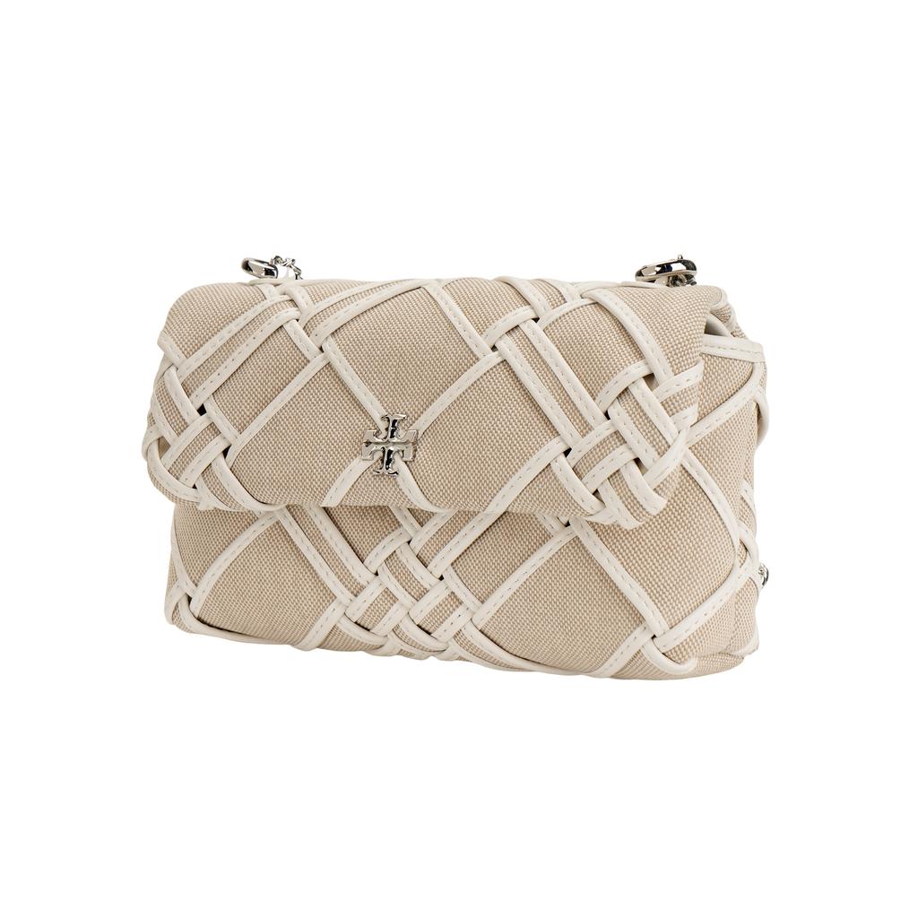 Tory Burch Kira Woven Leather Trim Chain Shoulder Strap Canvas Crossbody Mini Bag Women bags White 154831-250