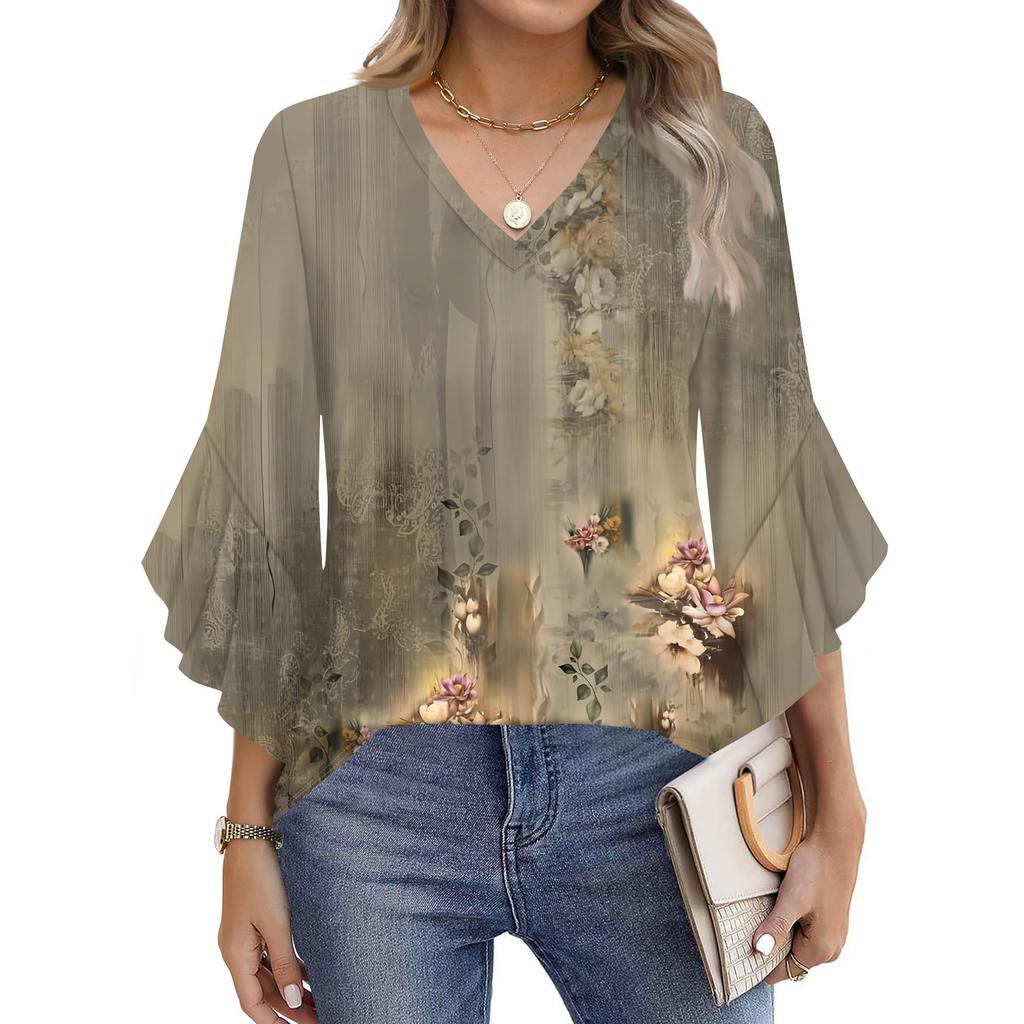 Women's Fashion Casual Seven-minute Sleeve Vintage Floral Print Top V-neck T-shirt Flared Sleeve Shirt