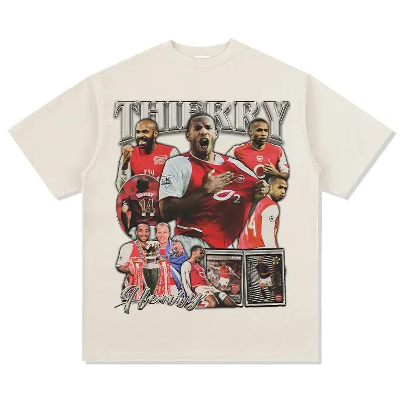 Camiseta de Manga Corta Casual Oversize de Algodón Gráfica Collage Destacados de la Carrera Leyenda del Fútbol del Arsenal Thierry Henry Blanco Retro