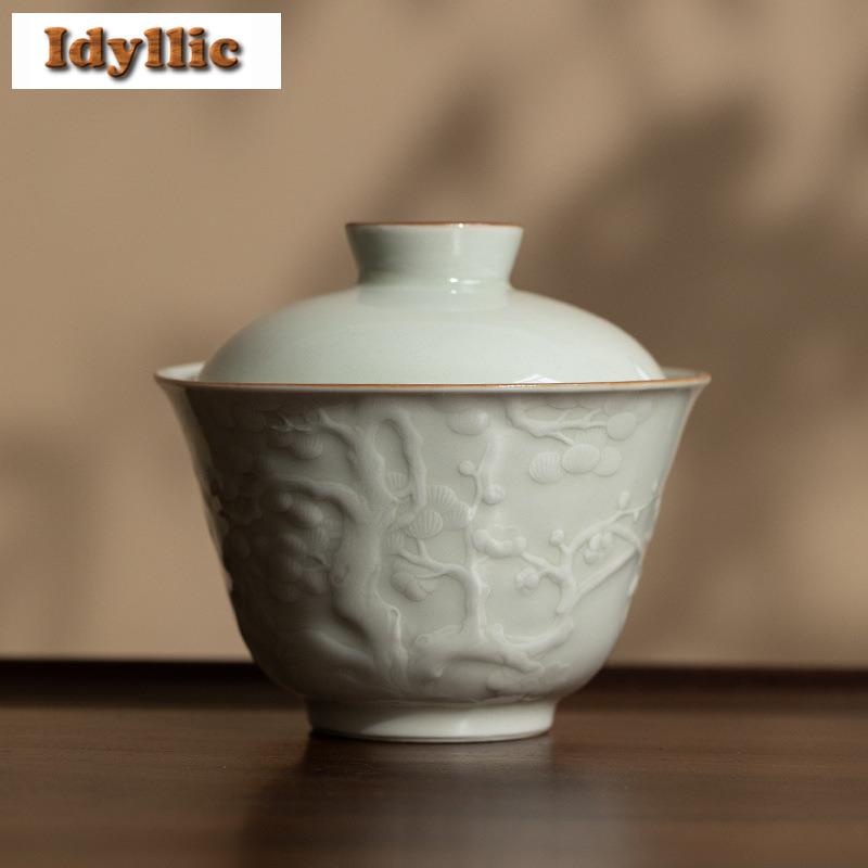 100ml Ice Table Glaze Handmade Relief Gaiwan Vintage Tea Tureen Tea Bowl With Lid Kit Tea Making Cover Bowl Tea Items Ornaments