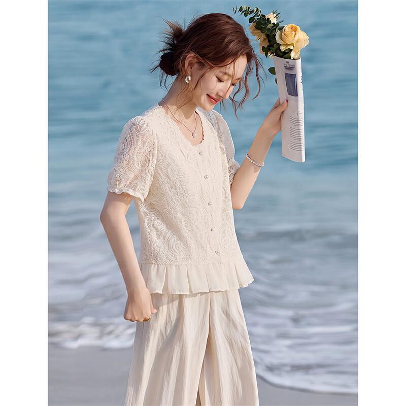 Elegant French Style Lace Patchwork Round Neck Blouse M