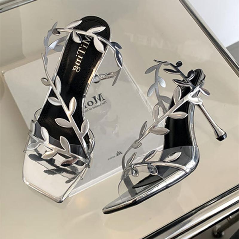 

Fashion Square Toe Pvc Leaf Design High Heel Sandals Women Sexy Open Toe Thin High Heels 2025 Summer Ankle-Wrap Women Pumps 39 серебряный