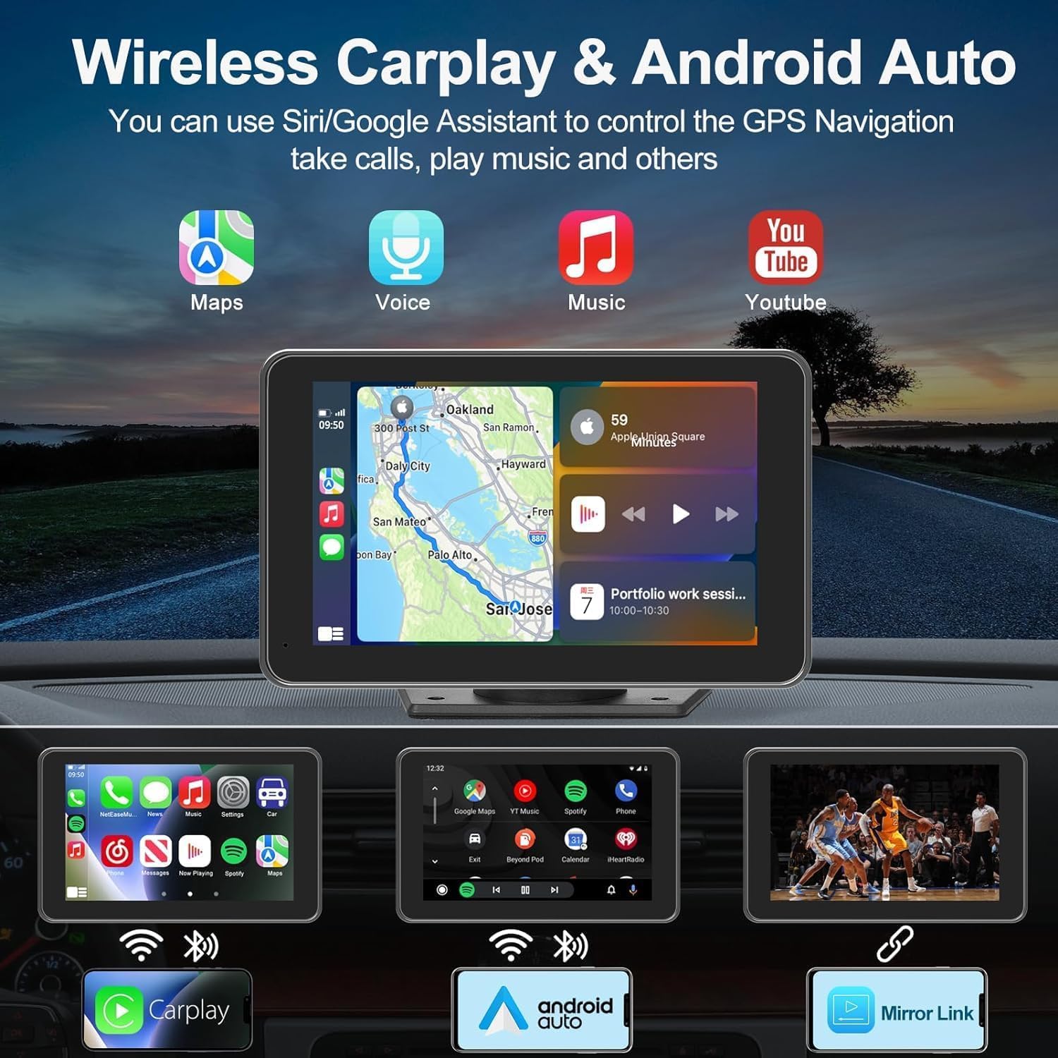 Портативный 7-дюймовый HD-сенсорный экран для Apple Carplay/Android Auto для автомобиля, беспроводной Car Play с камерой заднего вида, голосовое управление, BT, FM, Mirror