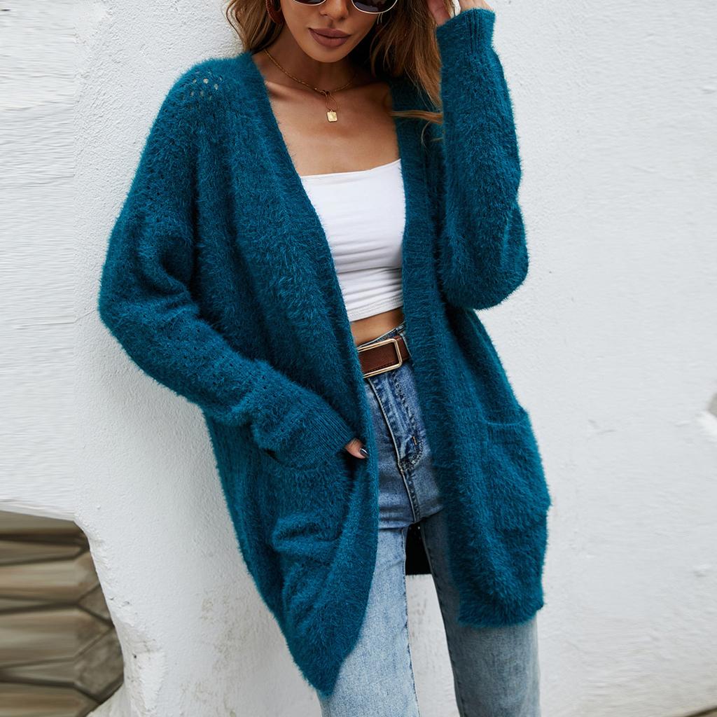 Women'S  And Winter Fashion Solid Color Colorblock Knitted Cardigan Sweater Coat  And Winter Long-Sleeved Coat Cardigan