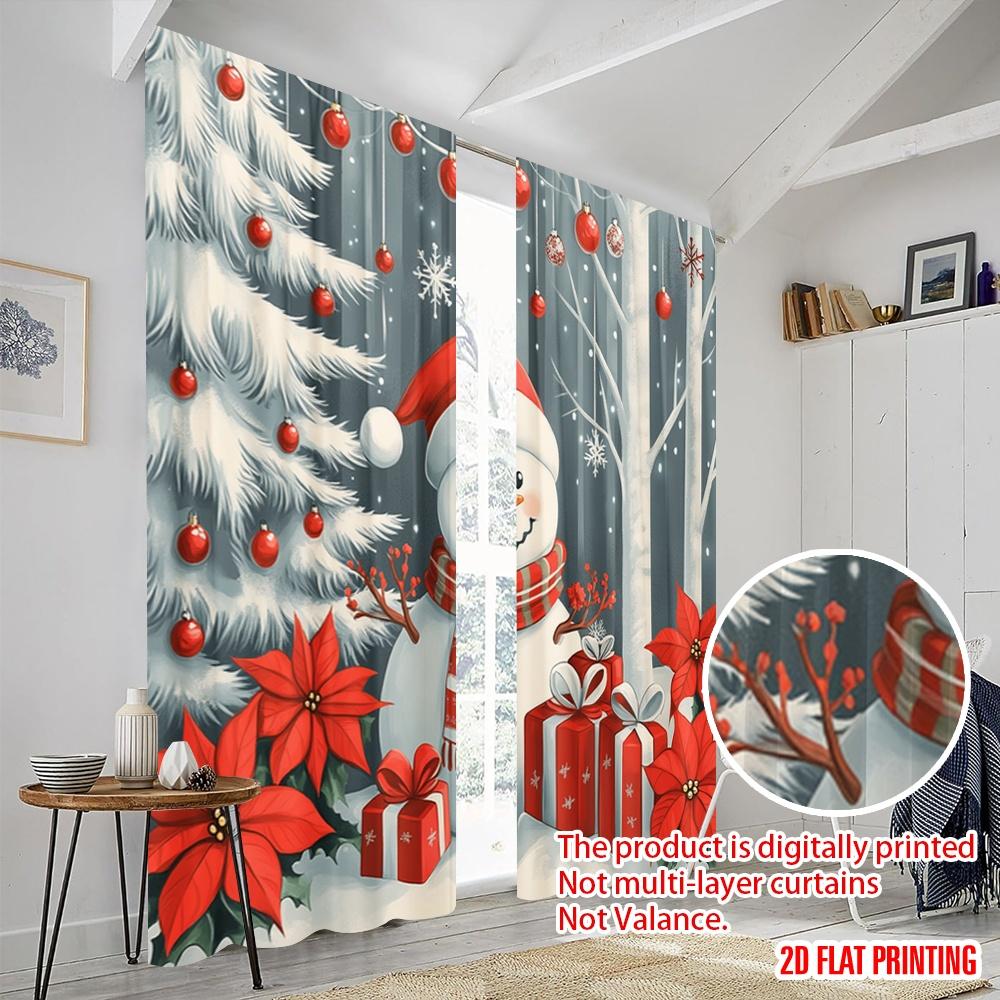 2pcs,2D Plane Printing Popular Curtains Cute Snowman Christmas Poinsettia Gift (2) Versatile Durable Polyester (without Rod)