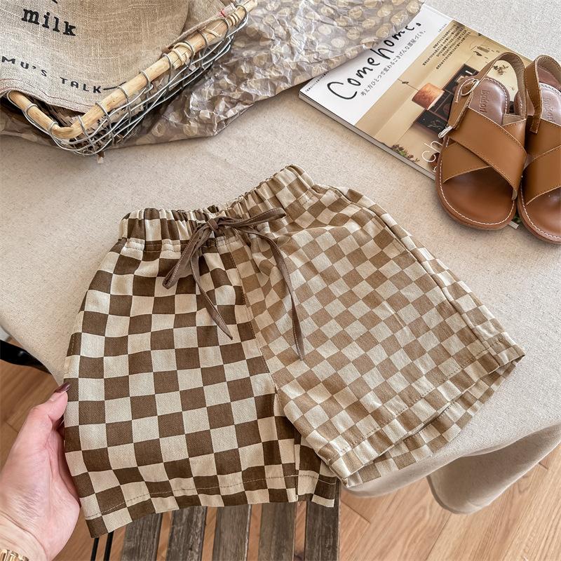 Dziecięce Letnie Cienkie Szorty Patchworkowe Niemowlęce Dziewczęce Luźne Butikowe Krótkie Spodnie dla Chłopców Modne Kraciaste Bawełniane Krótkie Spodnie