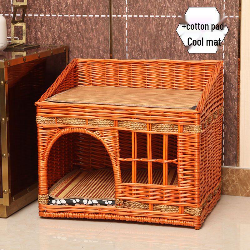 Four Seasons Universal Cat House – Enclosed Rattan Weaving Villa for Cats