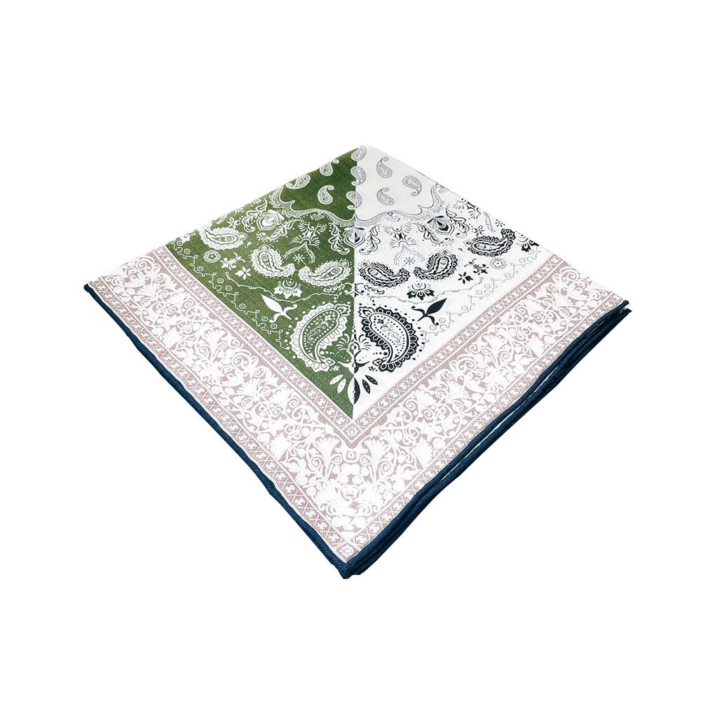 Women's Green French Paisley Silk-Wool Scarf, 70 cm Square, Double-Sided Print, High Quality