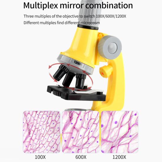1 Set Adjustable Focus LED Fill Light Optical PMMA Lens High Multiple Student Microscope 100X/600X/1200X Handheld Optical Microscope Kit Laboratory