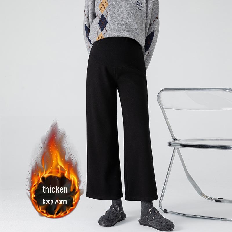 2025 New Style Fleece-Lined Cashmere Maternity Pants: Autumn/Winter Wide-Leg Design with Belly Support
