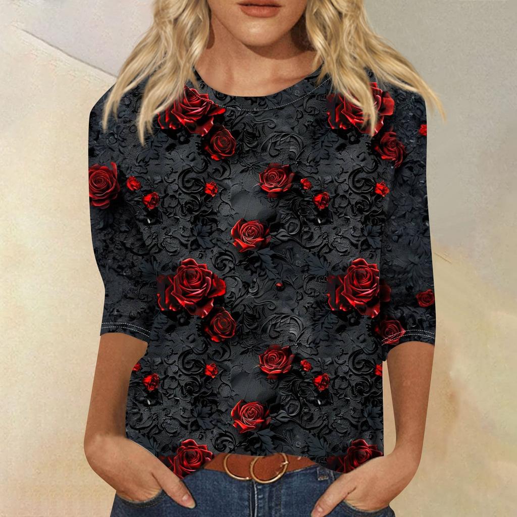 Dámské módní ležérní top s tříčtvrtečním rukávem a halloweenským potiskem, kulatý výstřih