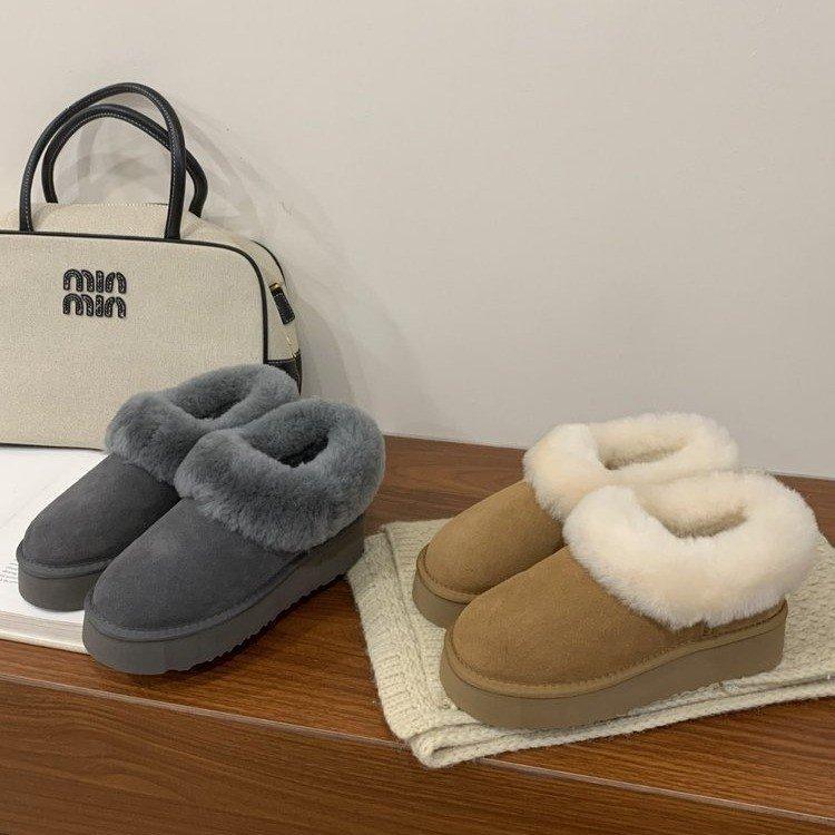 Leather thick-soled gray snow boots women's 2025 new winter fluffy shoes piled and thickened warm versatile cotton shoes