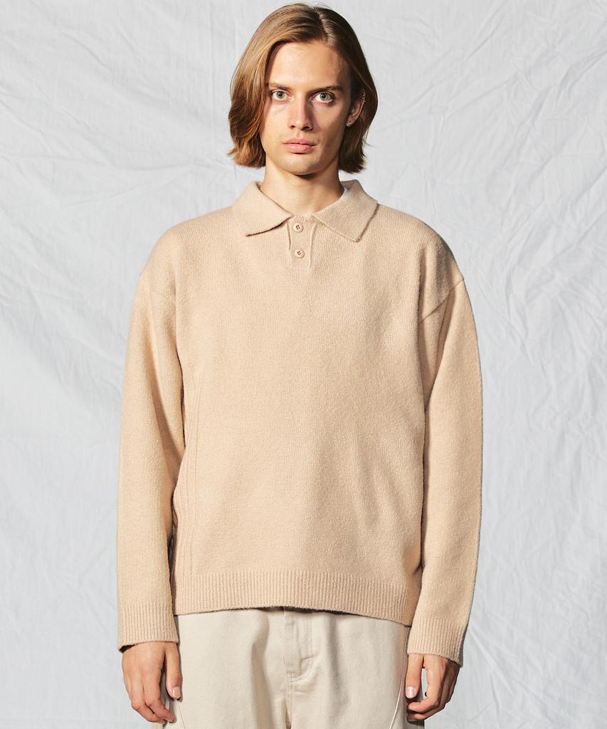COFWI Wool Button Knit Polo Shirt Beige
