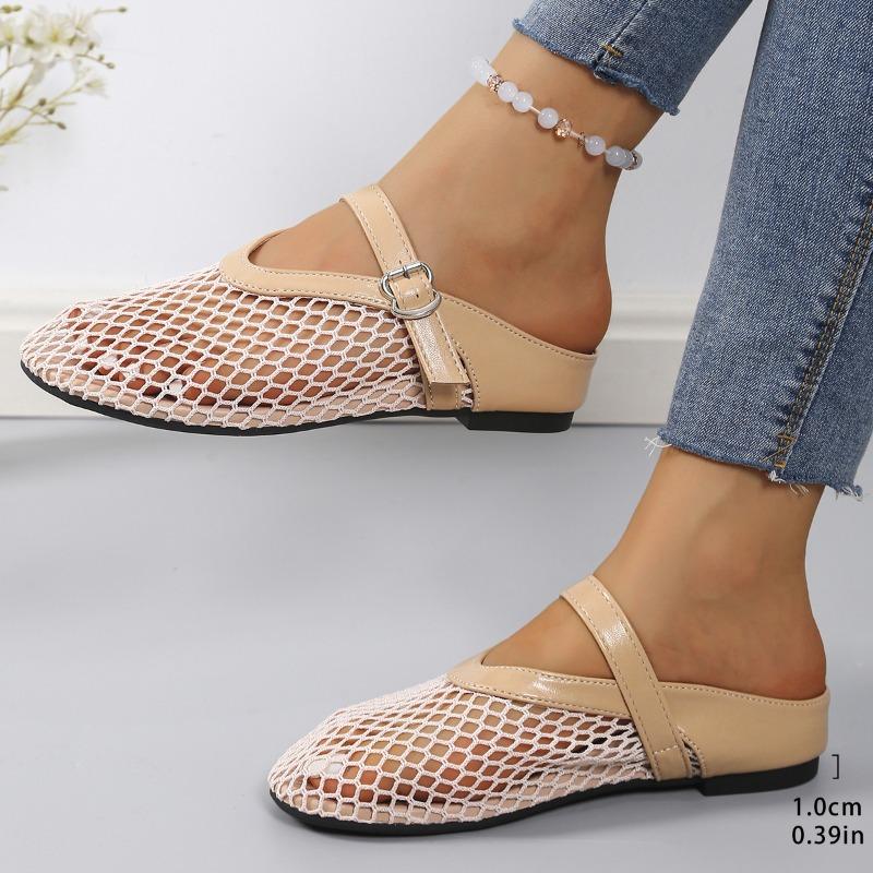 Fashion Fashion Fishing Net Round Toe Hollow-out Flat Shoes Women's Baotou Shallow Mouth Belt Buckle Mesh Soft-sole Slippers