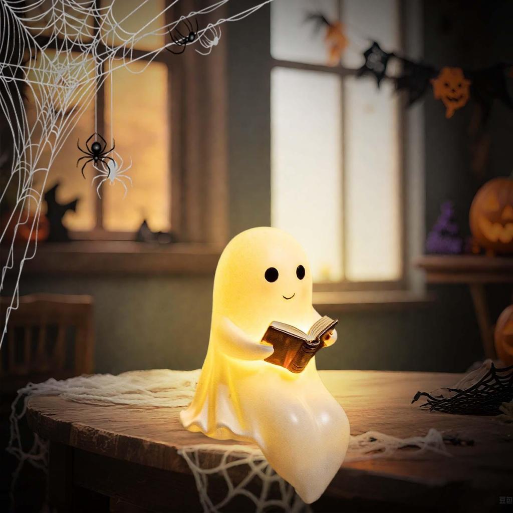Ghost Reading Lantern Lighted Ghost Figurine Halloween Resin Figurine Tabletop Centerpiece For Bedroom Study Bookshelf Kid's