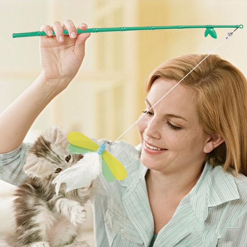 Cat Feather Teaser Cat Toy Dragonfly Shaped Interactive Kitten Feather Stick Cat Toy Feather Replacement For Cat Physical