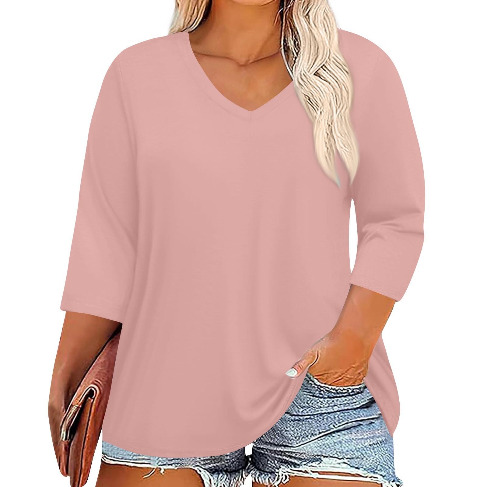 

New women s large size fat mold v-neck 7-point sleeve solid color top 5XL світло-рожевий колір