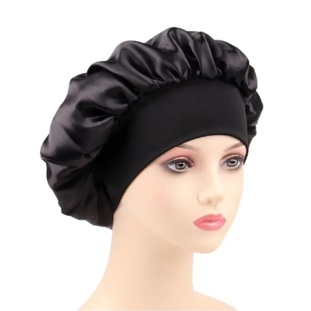 1 PC Satin Wide Brim Nightcap Silky Bonnet Hair Wrap for Sleeping Sleep Cap with Elastic Soft Band Shower Cap Silk Bonnet