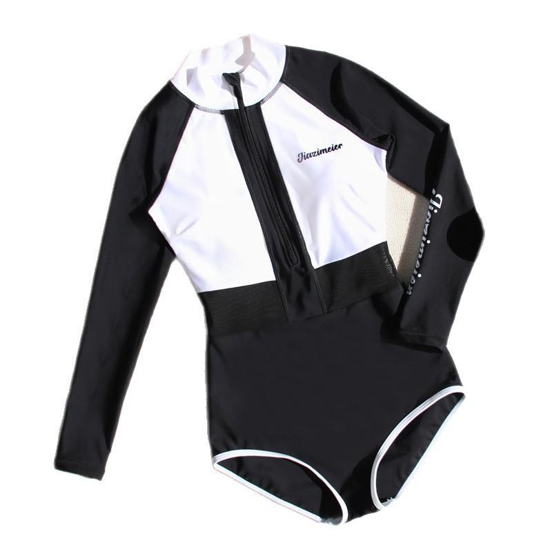 Surfing High-necked Swimsuit Women's Long-sleeved One-piece Sunscreen Belly Cover-up Slimming Diving Sports Style Student Hot