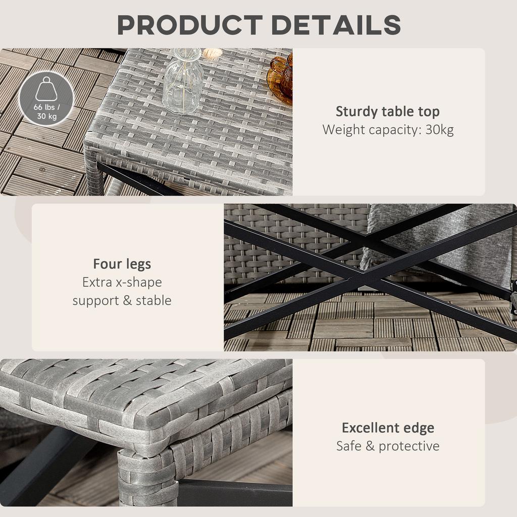 Outdoor Coffee Table, Garden PE Rattan Side Table with Plastic Board Under the Full Woven Table Top and X-Shaped Frame for Patio, Balcony, Mixed Grey