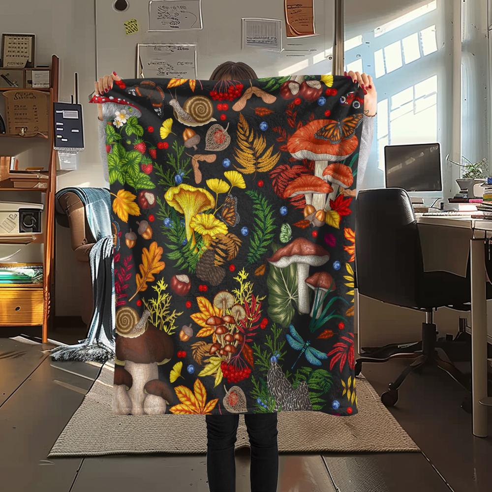 1Pc Dreamy Exotic Mushroom Print Flannel Blanket, High quality Comfortable for All Seasons, Home Decor, Warmth and Comfort, Perfect for Gifts