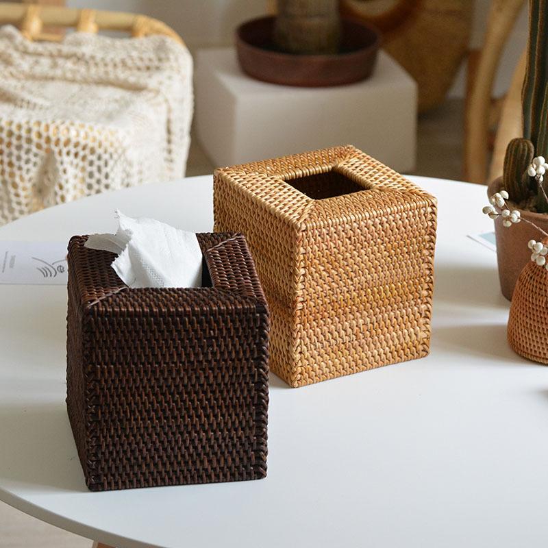 Vintage Rattan Tissue Box Square Creative Handmade Rattan Weaving Paper Box Living Room Desktop Decoration Hotel Room Ornaments